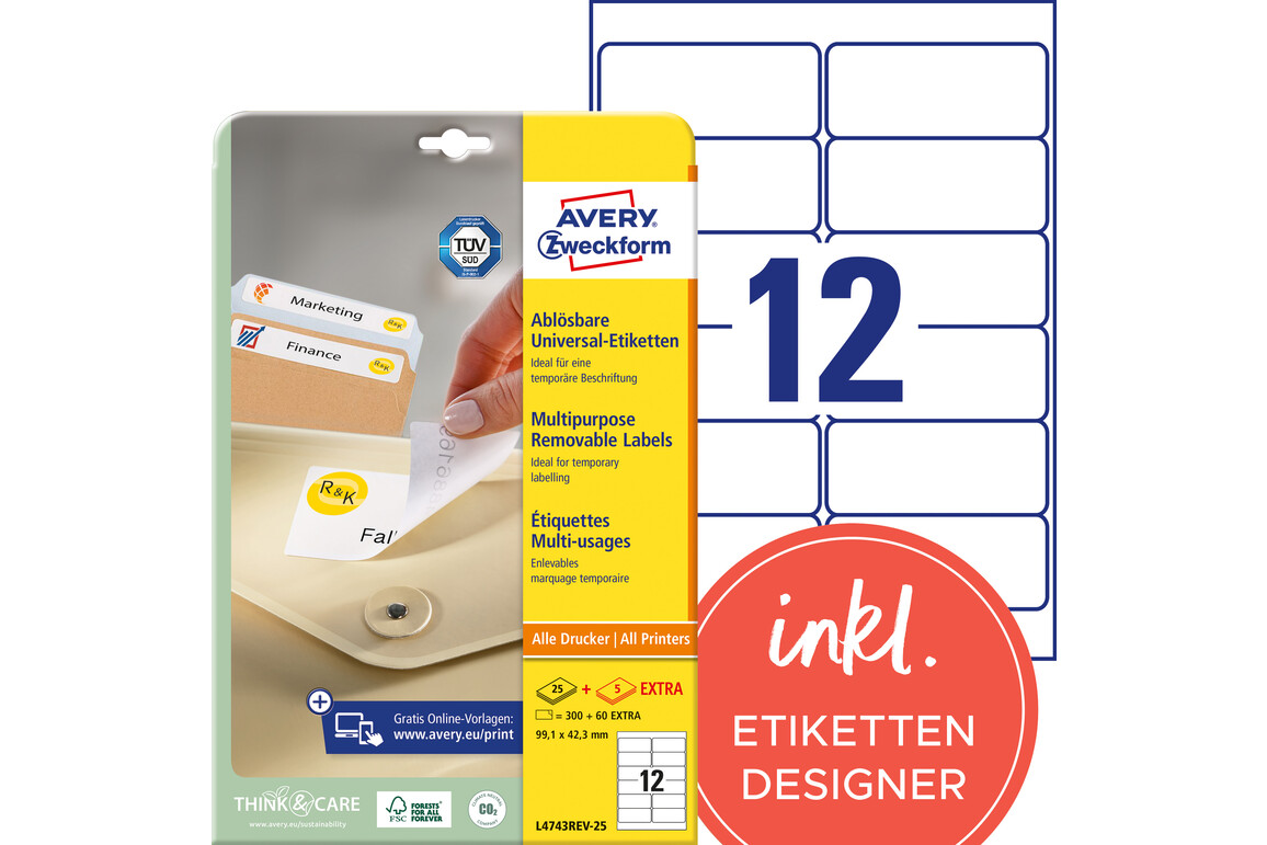 Etiketten Universal 99,1 x 42,3 mm wiederablösbar, Art.-Nr. L4743REV-25 - Paterno Shop