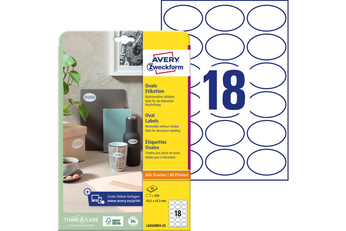 Etiketten Universal 63,5x42,3 mm oval, Art.-Nr. L6024REV-25 - Paterno Shop