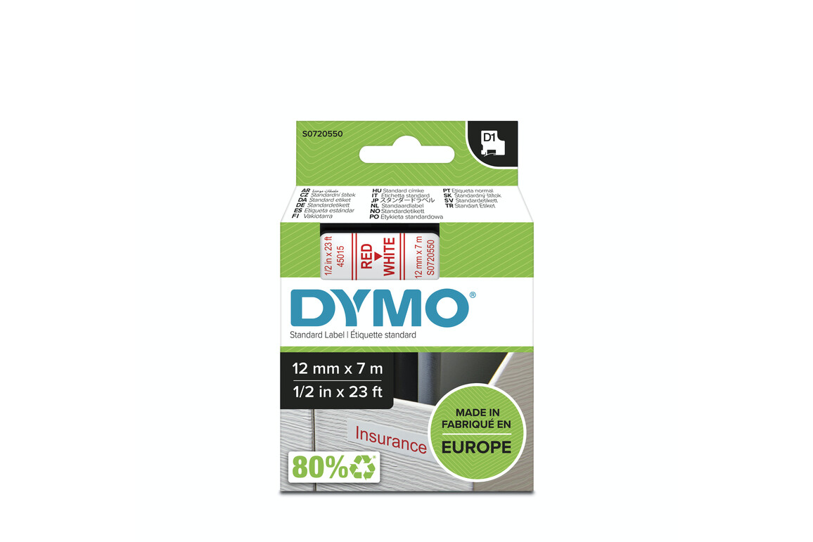 Beschriftungsband Dymo 12mmx7m rot weiß, Art.-Nr. 00450-RTWS - Paterno Shop