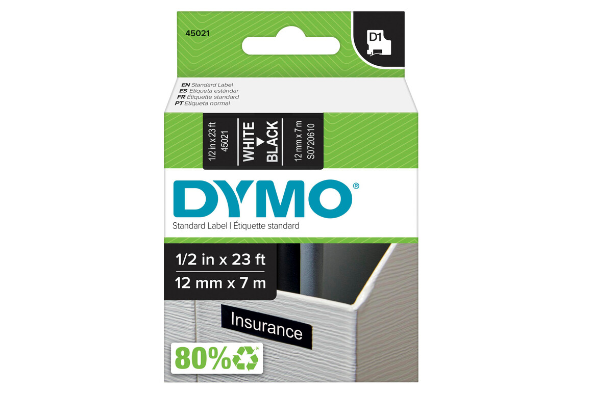 Beschriftungsband Dymo 12mmx7m weiss schwarz, Art.-Nr. 00450-WSSW - Paterno Shop