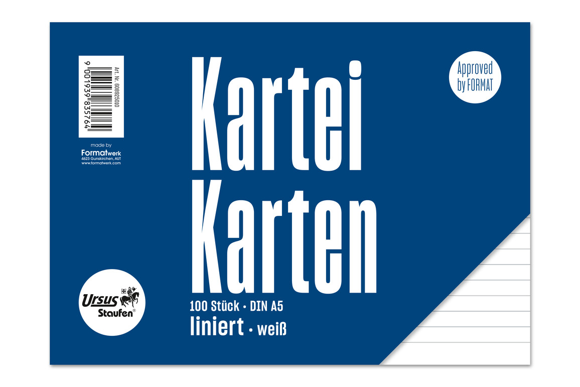 Karteikarten liniert weiss A5 quer 100 Blatt 190g/qm, Art.-Nr. 094072000 - Paterno Shop