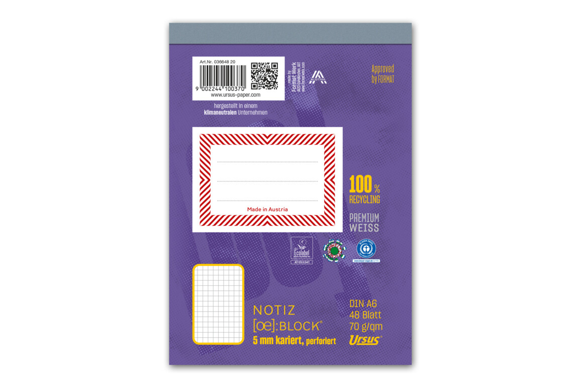 Notizblock Ursus A6 48 Blatt 70g/qm kariert, Art.-Nr. 036648-20 - Paterno Shop