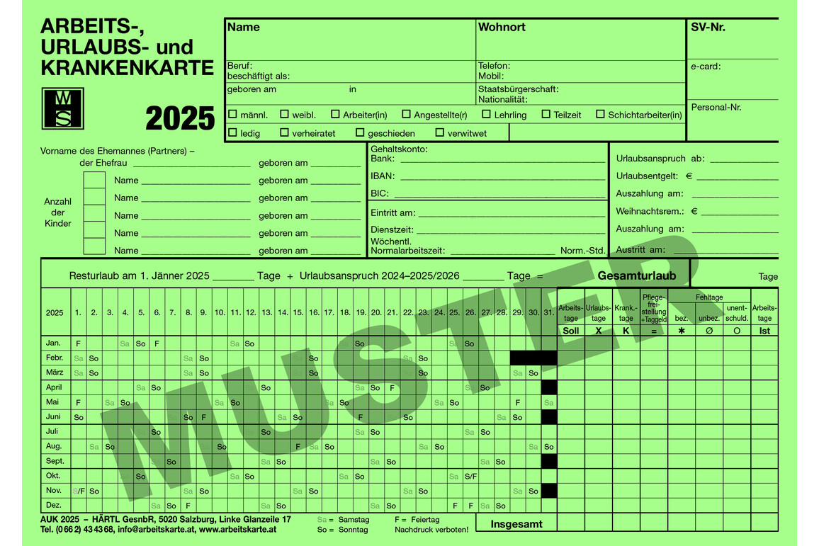 Arbeits- und Urlaubskarten 2025, Art.-Nr. AUK2025 - Paterno Shop